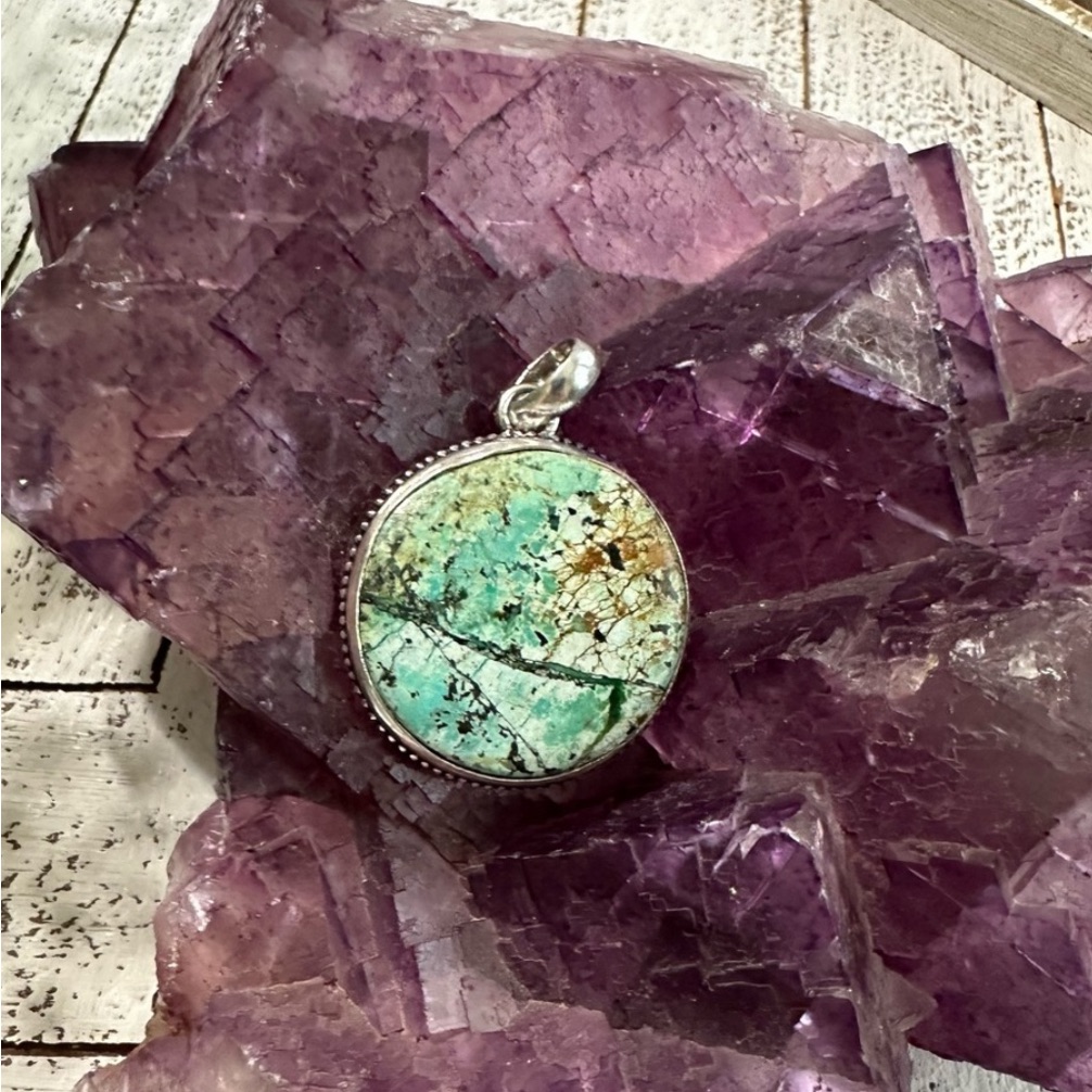 African Turquoise 925 Sterling Silver Plated Round Pendant Blue Green Black